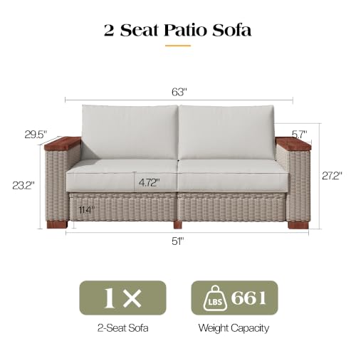 PaPaJet Outdoor Loveseat Patio Sofa, Wicker Couch with Solid Armrests & Legs, 4.7" Thick Cushion, UV-Resistant Modular Sofa for Porch, Backyard, Garden