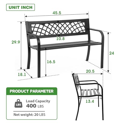 FDW Garden Bench Bench Park Outdoor Bench for Patio Metal Bench Park Bench with Plastic Backrest Armrests Sturdy Steel Frame Furniture for Yard Porch Work Entryway, Black