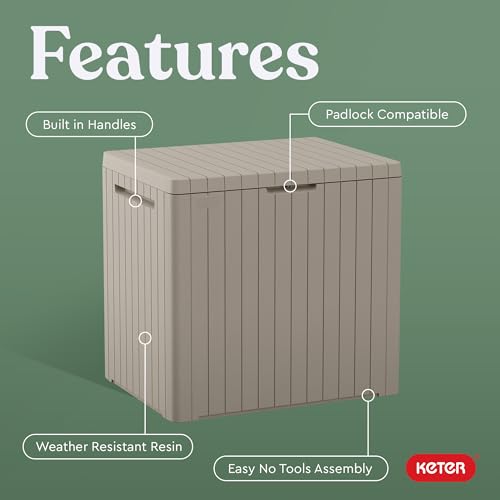 Keter City 30 Gallon Resin Outdoor Storage Box and Patio Furniture Side Table for Pool and Garden Accessories, Beige