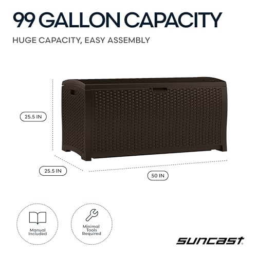 Suncast DBW9200 99 Gallon Outdoor Wicker resin Patio Storage Chest Bin with Handles for Patio, Garden, Garage, or Pool for All Weather, Mocha