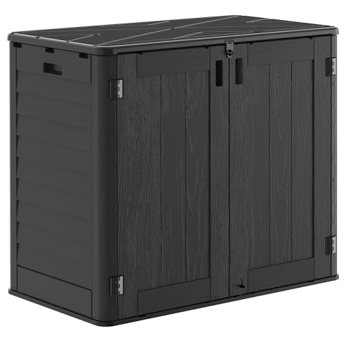 IWDOO Outdoor Storage Shed, 30 Cu Ft Waterproof Horizontal Resin Storage Cabinet, Weather-Resistant Garden Shed Trash Can Storage with Pad-Lockable Doors for Backyards (Black)