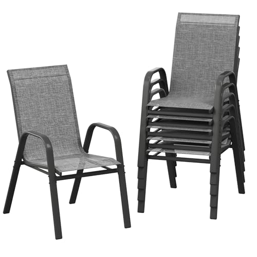 GarveeLife Patio Chairs Set of 6, Outdoor Dining Chairs with Textilene Fabric, All-Weather Stackable Chairs with High Back for Deck, Backyard, Poolside, Garden, Balcony (Grey)