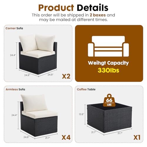 DUMOS 7 Piece Outdoor Patio Sectional Sofa, Modular Wicker Furniture Set with 2.8" Thick Cushions, Adjustable Feet, Weather-Resistant Rattan Outdoor Couch for Backyard, Deck, Garden, Poolside, Black