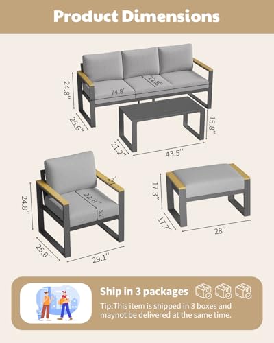 IDEALHOUSE Aluminum Patio Furniture Set, 7 Seats Outdoor Patio Conversation Sets with Coffee Table, 6 Pieces Metal Conversation Sectional Furniture Sofa for Balcony, Garden, Deck, Backyard,Gray