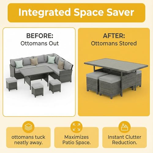 Patio Furniture Set, 7 Piece High Curved Back Outdoor Dining Sectional Sofa, All Weather Wicker Conversation Set with Ottoman