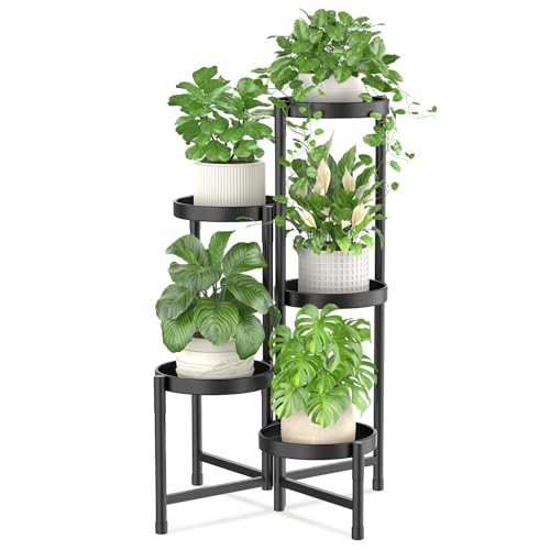iDavosic.ly Plant Stand Indoor Outdoor, 5 Tier Corner Metal Flower Display Holder Shelf, Folding Tall Orchid Rack for Patio Balcony Porch Garden Living Room House, Black