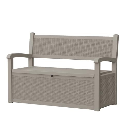 Pepe Tee 80 Gallon Outdoor Storage Bench, Resin Deck Box with Backrest and Armrests, All-Weather Seating, Coffee