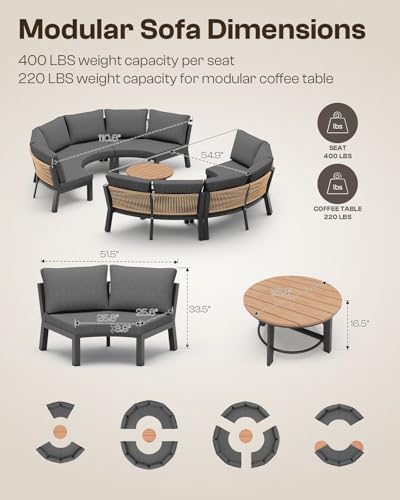 Oasbira Outdoor Aluminum Patio Furniture Set, 7 Piece Curved Outdoor Sectional Sofas with Coffee Table, PE Rope Patio Conversation Sets, All-Weather Patio Couch Sets with Cushions, Graphite
