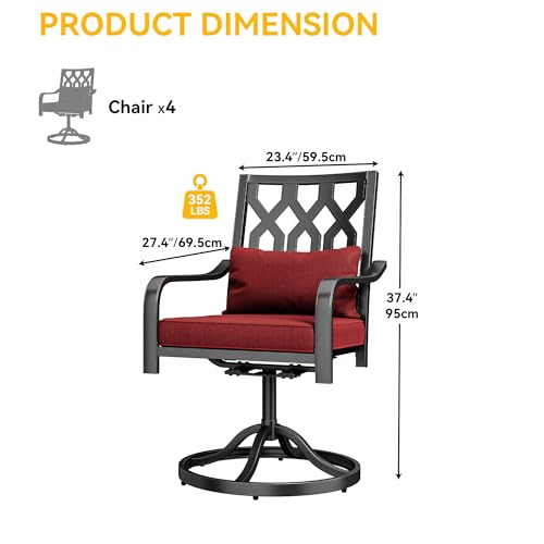 DWVO Swivel Patio Chairs Set of 2, Heavy-Duty Outdoor Swivel Chairs with 352lbs Capacity, All-Weather Metal Frame & Red Plush Cushions with Lumbar Pillow for Patio Deck Poolside Balcony Backyard