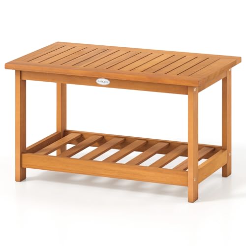 Tangkula Outdoor Acacia Wood Coffee Table, Patio 29.5” Rectangle Slatted 2 Tier Coffee Table with Storage Shelf, for Outside Balcony Patio Poolside