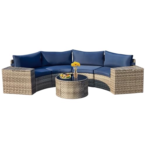 ECOTOUGE 7 Piece Outdoor Half Moon Furniture, Wicker Patio Sectional Conversation Set with 2 Storage Armrests and Circle Glass Table, Gray Rattan Curved Sofa for Garden, Balcony and Back Yard (Blue)