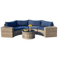 ECOTOUGE 7 Piece Outdoor Half Moon Furniture, Wicker Patio Sectional Conversation Set with 2 Storage Armrests and Circle Glass Table, Gray Rattan Curved Sofa for Garden, Balcony and Back Yard (Blue)