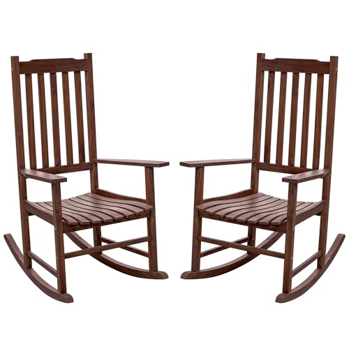 Flamaker Acacia Wood Patio Rocking Chair Set of 2, High Back and Widen Armrest for Adults, Solid Wood Porch Rocking Chair for Lawn, Garden, Backyard (Brown)