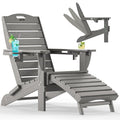 Ciokea Folding Adirondack Chair with Retractable Ottoman Fire Pit Patio Chair with Pull Out Foot Rest Weather Resistant Lawn Outdoor Lounge Chair with 2 Cup Holder (Grey)