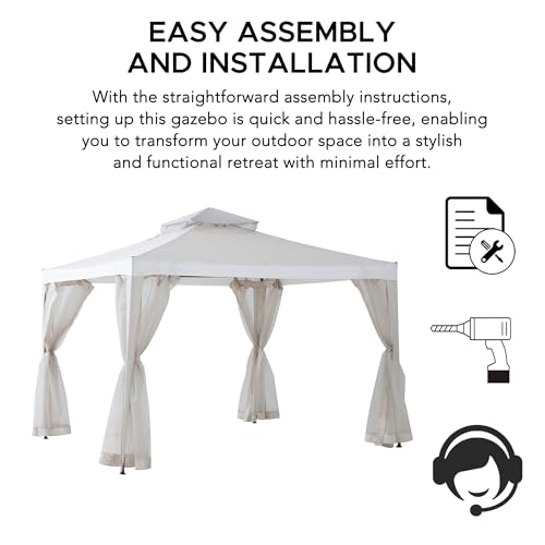 Sunjoy 10 x 10 ft. Soft Top Gazebo, Outdoor Patio Backyard Modern 2-Tier Steel Frame Gazebo with Mesh Netting - Beige & White