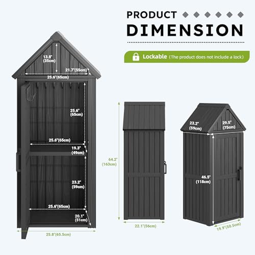 WTFGO Vertical Outdoor Storage Shed, Waterproof Resin Outdoor Storage Cabinet with Removable Shelves & 12 Hooks, Lockable Small Tool Shed for Garden, Backyard, Patio, Pool, Black