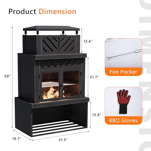 Outdoor Fireplace with Chimney and Wood Storage, Metal Wood Burning Fire Pit with Heat Resistant Gloves, Fire Poker and Grill Mesh, Outside Fireplace for Patio, Garden and Deck, Black