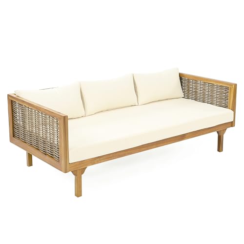 Christopher Knight Home Charm Patio Conversation Set, 3 Seater Acacia Wood Sofa, Spacious Seating Wicker Armrest Chair, Wood Coffee Table, Round Side Table, Outdoor Furniture for Backyard, Beige