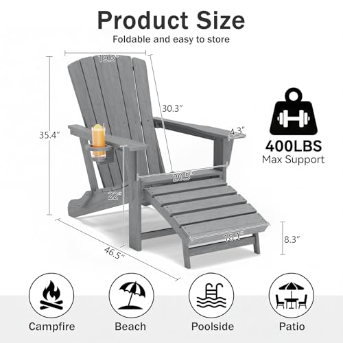 Polyhouz Folding Adirondack Chair with Retractable Ottoman,HDPE Outdoor Adirondack Chair with Cup Holder,All-Weather Lounge Chairs for Outside,Patio,Pool,Fire Pit,Grey