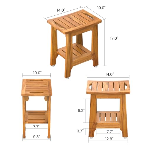 14" Compact Teak Shower Stool with Shelf & Handle - Waterproof, Non-Slip Bath Bench for Small Bathrooms/Tub/Outdoor Use, 300 lbs Capacity (Patented)