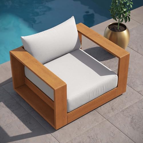 Modway Tahoe Acacia Wood Outdoor Patio Chair in Natural Light Gray with Weather-Resistant Cushions - Ideal as Club Chair or Outdoor Dining Chair