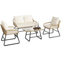 Yaheetech 4 Piece Patio Furniture Set, Outdoor Wicker Conversation Sets, Boho Loveseat & 2 Armchairs with Cushion and Pillow, Glass Top Table for Backyard, Porch, Balcony, Deck - Tan/Cream