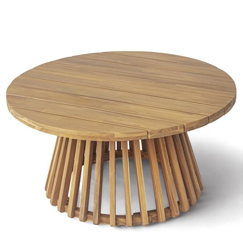 Christopher Knight Home Hakee Acacia Wood Patio Coffee Table, Round Table with Unique Wooden Base for Backyard, Balcony, Stylish Indoor/Outdoor Table, Easy Assembly, 31.5" x 31.5" x 16", Teak