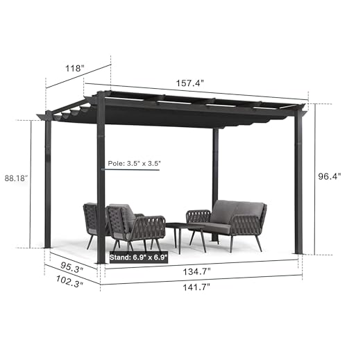 PURPLE LEAF 10' x 13' Aluminum Outdoor Pergola Wind-Resistant Retractable Pergola with Double Sun Shade Canopy Heavy-Duty Metal Pergola for Patios Backyard Deck Garden, Grey