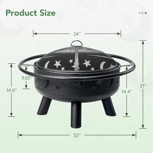 32 Inch Round Fire Pit with Mesh Cover, Fire Poker, Star and Moon Design, Metal Wood Burning Outdoor Firepit for Patio, Backyard, Garden, Bonfire Party,Perfect for Christmas, Thanksgiving, Halloween