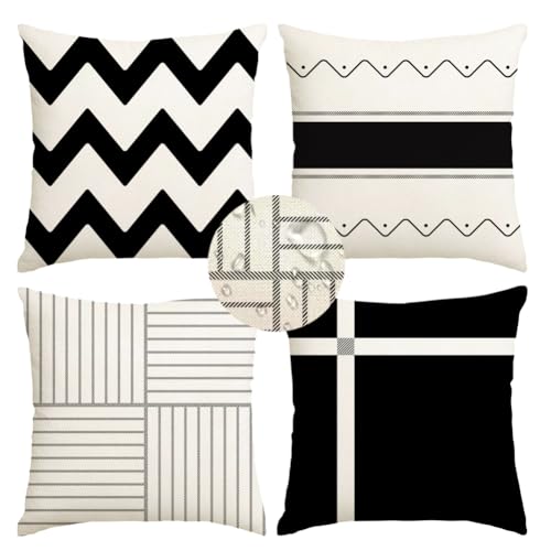 RABUSOFA Outdoor Pillow Covers Waterproof 18x18 Inch,Black Modern Geometry Decorative Cushion Cases Decoration for Patio Furniture Sunbrella Garden Set of 4 (Black, 18" x 18" (Pack of 4))