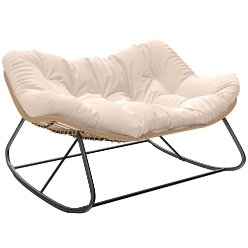 Outsunny Double Papasan Rocking Chair, Wicker Oversized Indoor Outdoor Rocking Papasan Chair with Cushion, PE Rattan Outdoor Rocker Egg Chairs for Living Room, Garden, Patio, Balcony, Cream White
