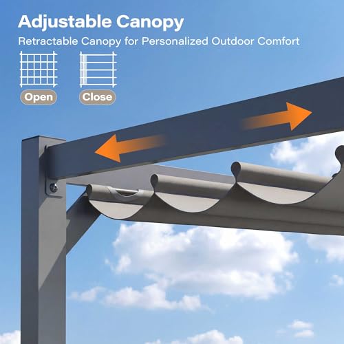 LAUSAINT HOME 10' x 10' Outdoor Retractable Pergola, Heavy-Duty Aluminum Pergola with Sun Shade Canopy for Garden, Backyard, Deck, Porch, Grey