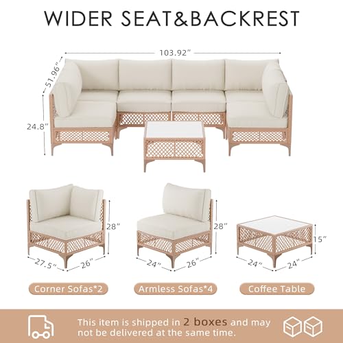 Vikiullf Patio Conversation Sets, 7 Piece Outdoor Furniture Set with Thick Cushions, Wicker Sectional Sofa Set with Coffee Table for Backyard, Poolside, Garden (Beige)