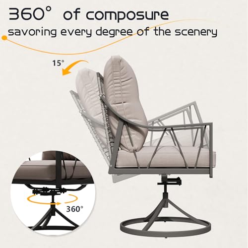 EROMMY 7-Piece Outdoor Patio Dining Set, 6 Wicker Swivel Rocking Chairs with 4" Cushions, Rectangular Table with Adjustable Umbrella Hole for Backyard, Deck, Black