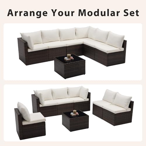 Sweetcrispy 7-Piece Outdoor Patio Sectional Sofa, Modular PE Wicker Outdoor Sectional with Thick Cushions, Rattan Patio Sofa Set with Coffee Table for Backyard, Poolside, Garden, Deck, Brown