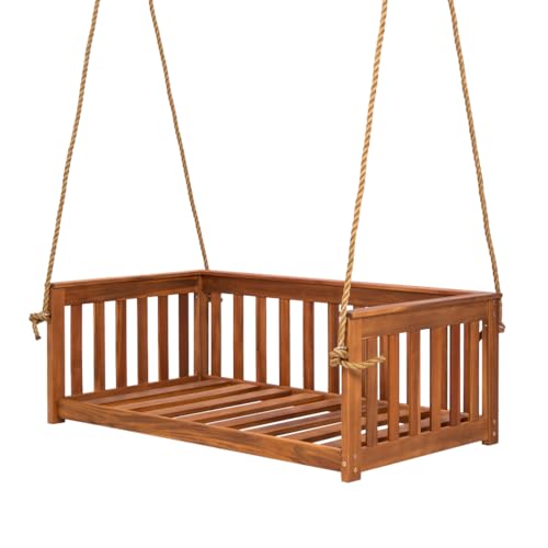 East Green Charleston Outdoor Daybed Swing with Ropes - Crib Size Porch Swing Bed Made from Acacia Wood in Natural Finish
