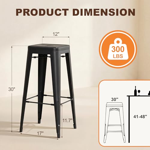 Shahoo 30 Inches Metal Bar Stools Counter Height Stackable Backless Stools, Industrial Patio Stools Indoor Outdoor Metal Kitchen Stools Set of 4 (Black)