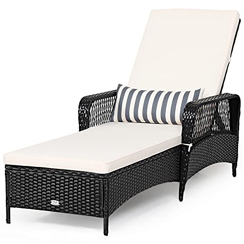 Tangkula Wicker Chaise Lounge Outdoor, Patio Rattan Reclining Chaise with 6-Gear Adjustable Backrest, Thick Padded Cushion & Removable Lumbar Pillow, Pool Lounge Chairs for Outside Balcony Backyard