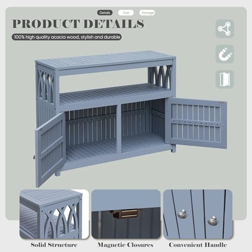 Devoko Acacia Wood Patio Cabinet with 2 Magnetic Doors and Shelve for Outdoor Storage, TV Stand, Potting Table (Gray)