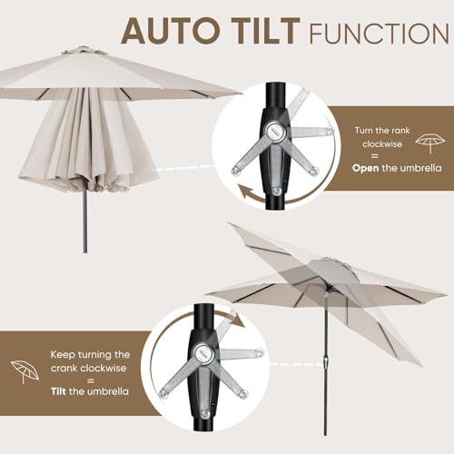 Tempera 10ft Patio Market Outdoor Table Umbrella with Auto Tilt and Crank, Large Sun Umbrella with Sturdy Pole & Fade Resistant Canopy, Easy to Set, Oatmeal