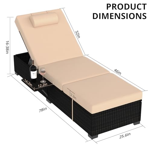 PeakPursuit Patio Lounge Chairs,Outdoor PE Wicker Chaise Lounge Set of 2,Chaise Lounge Chair Outdoor，Pool Furniture,Brown Rattan Recliners with Adjustable Backrest,Storage Table,Beige