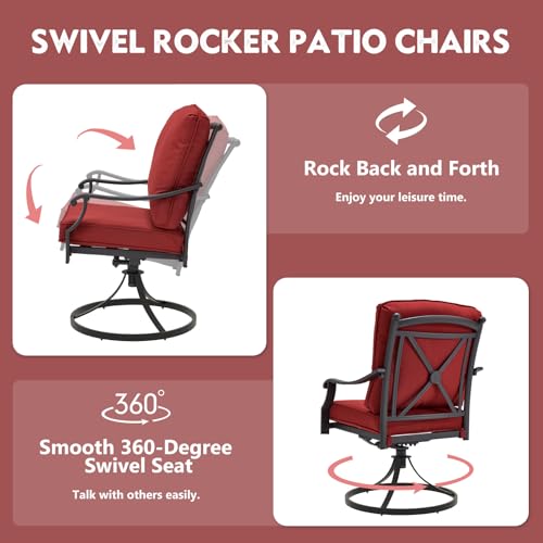 MELLCOM Patio Swivel Chair Set of 2, Heavy Duty Outdoor Dining Chairs with Thickened Cushions, Metal Patio Chairs Gentle Rocker for Outside, Garden Lawn & Porch, Backyard, Red