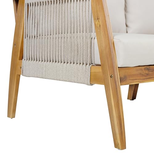 Christopher Knight Home Outdoor 3 Seater Patio Sofa with Acacia Wood Frame and Rope Weave Design, Cushioned Garden Couch with Removable Covers for Patio Deck Balcony, Teak and Beige