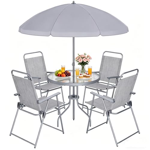 Shintenchi 6 Piece Outdoor Patio Furniture Set, Small Outdoor Patio Dining Table and Chairs Set, Outdoor Seating with Umbrella for Backyard, Balcony, Front Porch, Ice Silver