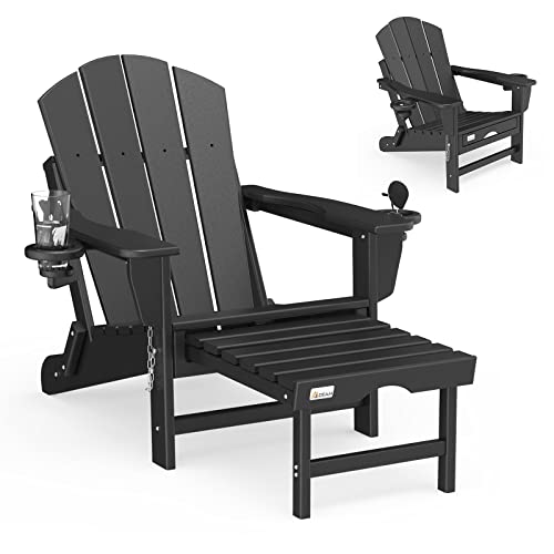 Mdeam Folding Adirondack Chair with Retractable Ottoman, HDPE All-Weather Fire Pit Chair with 2 Cup Holders, Outdoor Chair for Deck Patio Garden Backyard Lawn (Black)