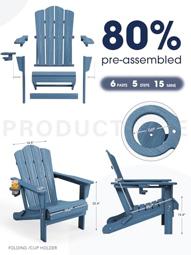 KINGYES Folding Adirondack Chair Set of 2, HDPE All-Weather Patio Chairs with Cup Holder, Wooden Textured Fire Pit Chairs for Poolside, Backyard, Deck, Navy
