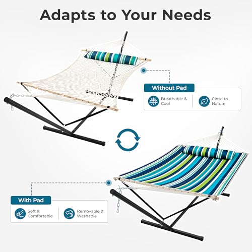 SUPERJARE 12ft Double Hammock with Stand, Rope Hammock for 2 Person, Detachable Hammock Bed and Pillow, Portable, Anti-Tip Safety Ropes, Carry Bag, Outdoor Backyard Patio Camping, Dark Cyan