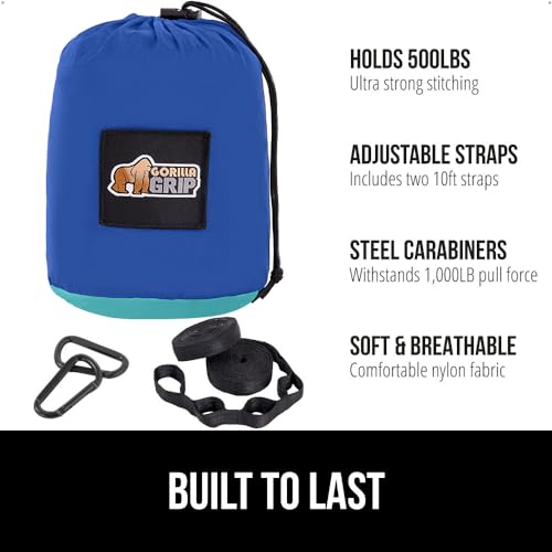 GORILLA GRIP Durable Camping Hammock with Heavy Duty Tree Straps, Portable Hammocks for Outside, Easy to Use Travel Swing Chair, Outdoor Camper Hiker Essentials, Backpacking Gear Gifts, Double, Blue