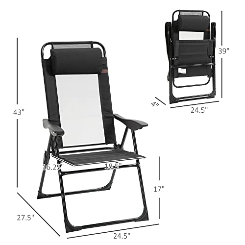 Outsunny Folding Patio Dining Chairs Set of 2, Outdoor Deck Chair with Adjustable Sling Back, Camping Chair with Removable Headrest for Garden, Backyard, Lawn, Black