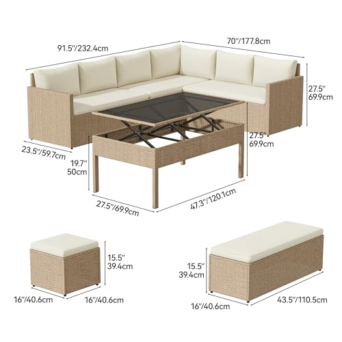 YITAHOME Outdoor Sectional Sofa Set, 6-Piece Patio Furniture with Lift-Top Table & Ottoman, All-Weather Wicker Conversation Set for Porch, Deck, Backyard (Light Brown and Beige)